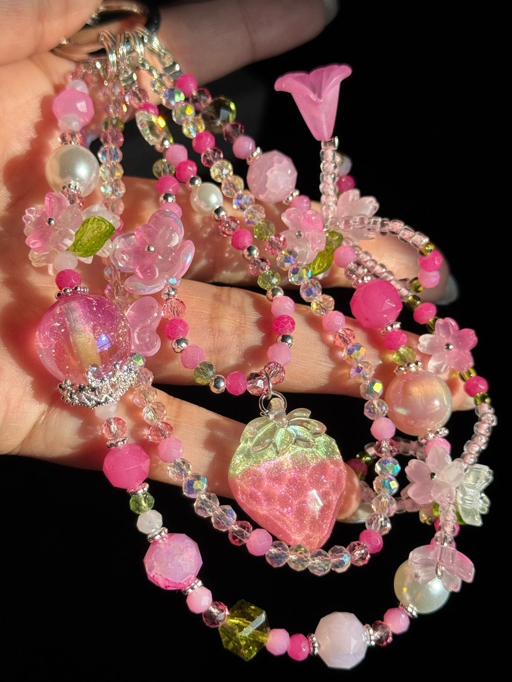 Phone Wristlet/ Purse Charm Pink and Green Strawberry